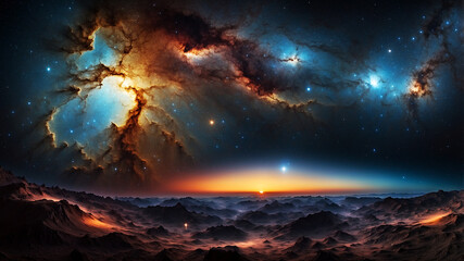 Fototapeta premium A stunning panorama of an alien landscape with vast nebulae swirling in the night sky stretching across the horizon, the distant sun casting a warm glow over the rocky, jagged mountains below.