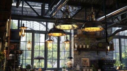 Obraz premium Ceiling-mounted lamp with cozy loft decor