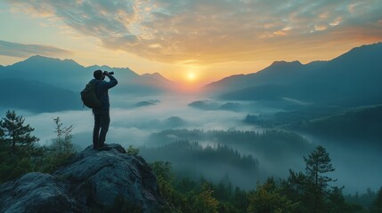 A man stands on the mountaintop, gazing through a telescope at the misty mountains covered in pine trees in the distance, and the gentle sunrise in the sky. A peaceful movie like scene