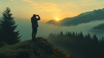 Fototapeta premium A man stands on the mountaintop, gazing through a telescope at the misty mountains covered in pine trees in the distance, and the gentle sunrise in the sky. A peaceful movie like scene