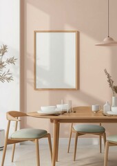 Blank frame mock up in dinning room pastel beige pink painted wall with dinning table and mint green fabric wooden dinning chairs, modern trendy graceful interior dinning area design.