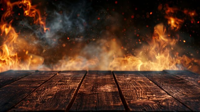 Blank burned wooden table on dark flame fire burning baking roasting backgrounds with smoke and sparkling orange black backdrop with copy space