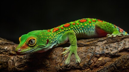 Fototapeta premium Green and Orange Gecko on a Bark Branch