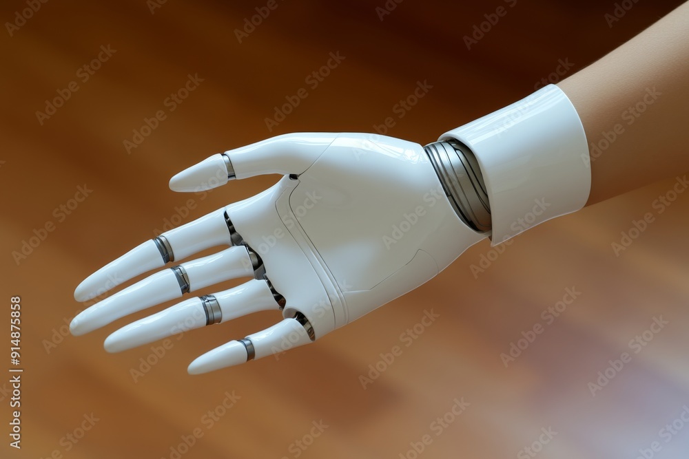 Poster minimalist robotic hand in a clinical white setting emphasizing the purity and precision of medical 