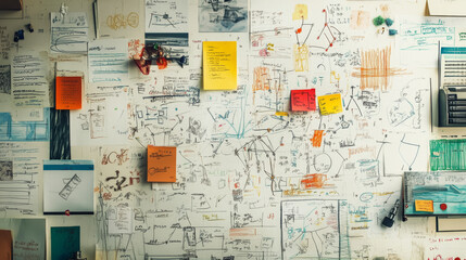 Illustrate a mind map or brainstorming session with interconnected ideas, drawings, and notes sprawling across a whiteboard or paper, highlighting the process of developing and organizing thoughts.