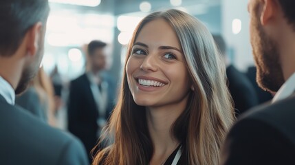 Happy and engaged staff listen with enthusiasm and laughter as a startup business owner shares their innovative ideas at an exhibition event.