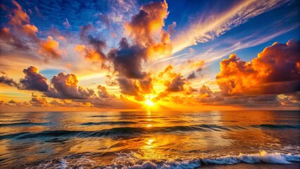 Fototapeta premium Majestic bright sunrise over ocean with orange clouds, sunrise, majestic, ocean, bright, orange, clouds, water, reflection