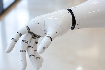 White robotic arm performing precise tasks with a futuristic backdrop emphasizing automation and control.