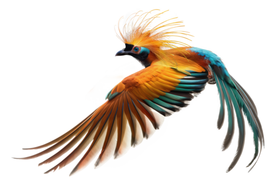 Vibrant exotic bird in flight with transparent background for easy editing