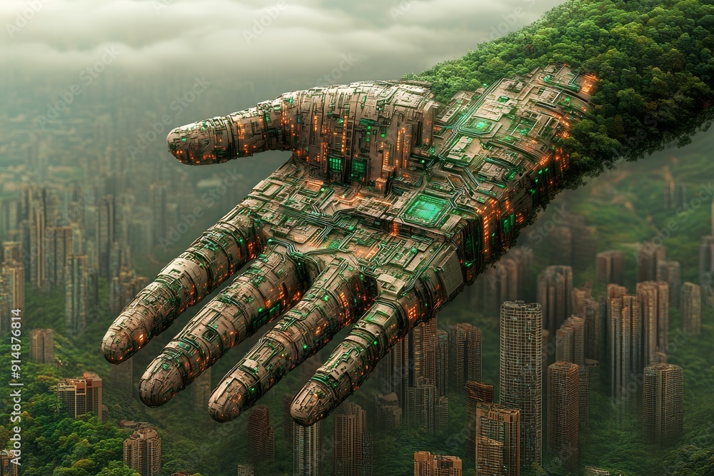 Poster robotic hand with lush greenery exploring the symbiotic relationship between technology and the envi