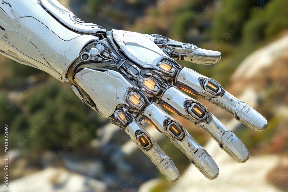 Poster robotic hand touching a tree highlighting the interaction between technology and natural environment
