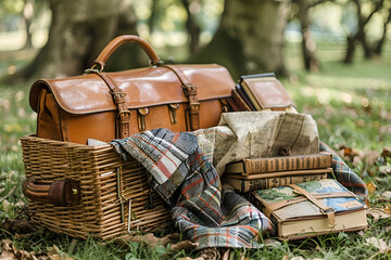 Obraz premium A picnic basket surrounded by books, a cozy blanket, and a bag, creating a serene outdoor reading atmosphere. 