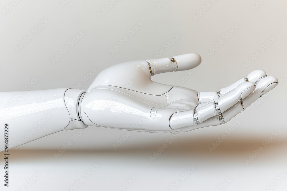 Poster sleek white robotic hand on a minimalist backdrop symbolizing modern automation and precision techno