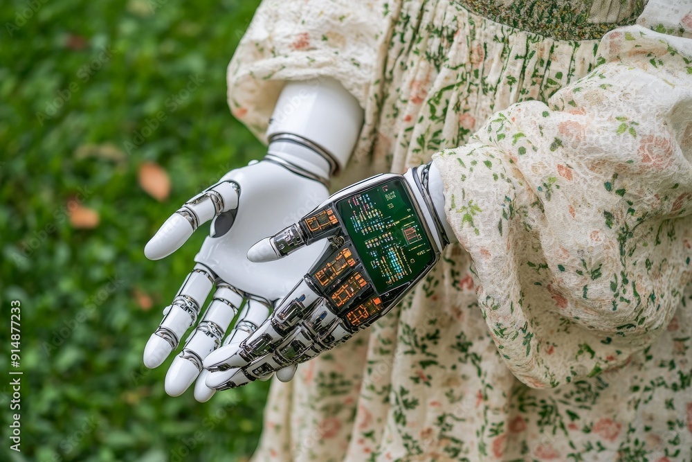 Aufkleber human and robotic hand exchange data through a high tech interface depicting seamless communication 