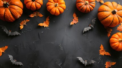 Pumpkins, bats and autumn leaves on a dark textured background. Festive background in honor of Halloween.
