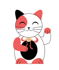 Japanese traditional doll. Asian style cat waves hand. Japanese culture and traditions. Maneki Neko. Holiday and festival. Linear vector illustration