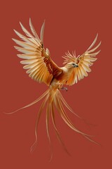 Obraz premium Golden phoenix bird flying spreading its wings on red background