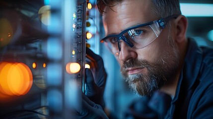 An engineer performing a software update, wearing protective gloves and glasses, focused on the update progress, well-lit server room, neat and orderly environment. Warm lighting, high resolution,