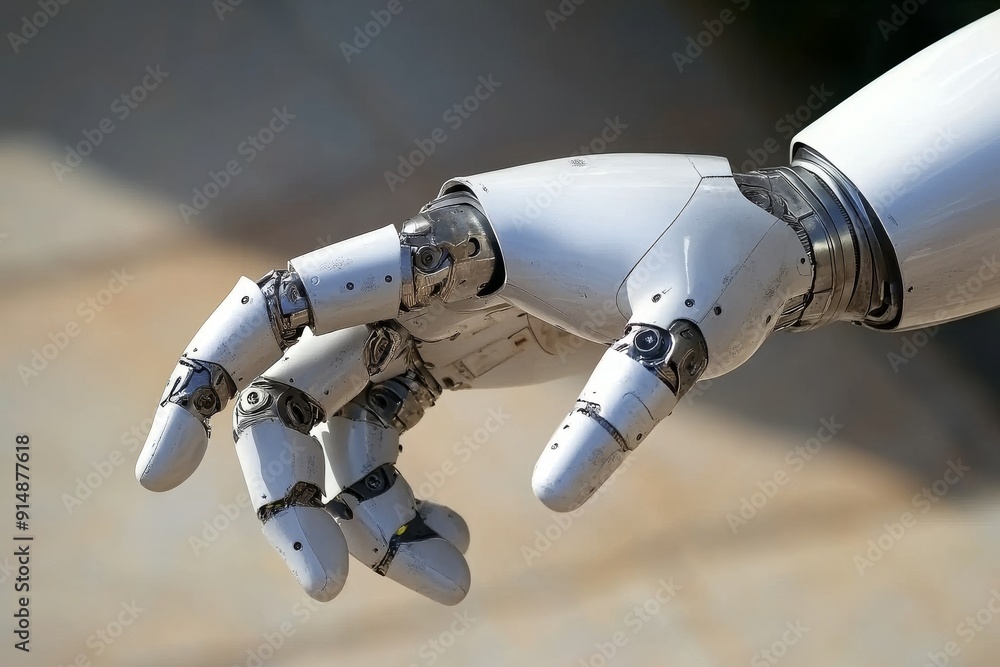 Poster robotic arm interfacing with vibrant cityscape a metaphor for technologys integration into urban lif