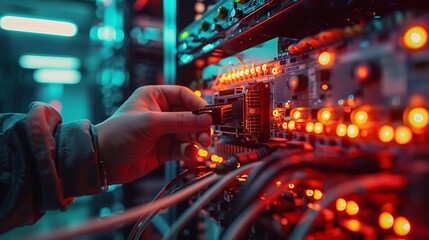 An engineer replacing a faulty hard drive, front view, precise cable connections, glowing server lights, well-organized equipment. Sharp focus, high-tech, professional setting. --ar 16:9 --v 6.