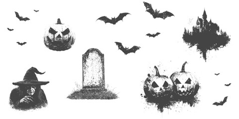 Obraz premium monochrome vector pumpkin, gravestone, bat and witch in mezzotint photocopy effect, for grunge punk y2k collage design. weapon flowers retro elements. brutalist vintage illustration halloween poster.