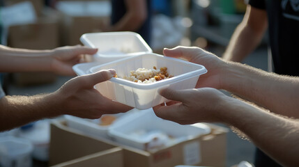 Close-up of hands distribution a food container outdoors. Blurred background. Concept of voluntary community support and food distribution