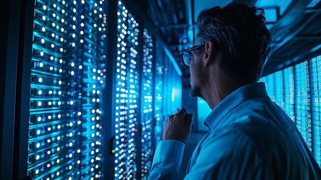 An engineer reviewing server logs on a monitor, illuminated by cool blue lights, detailed view of server components and log data, neat and orderly cable management, modern and advanced server room.
