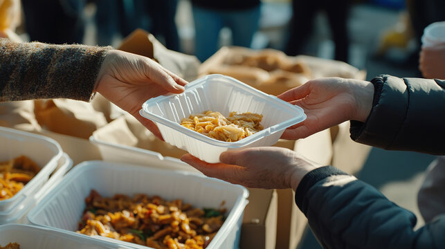 Close-up of hands distribution a food container outdoors. Blurred background. Concept of voluntary community support and food distribution