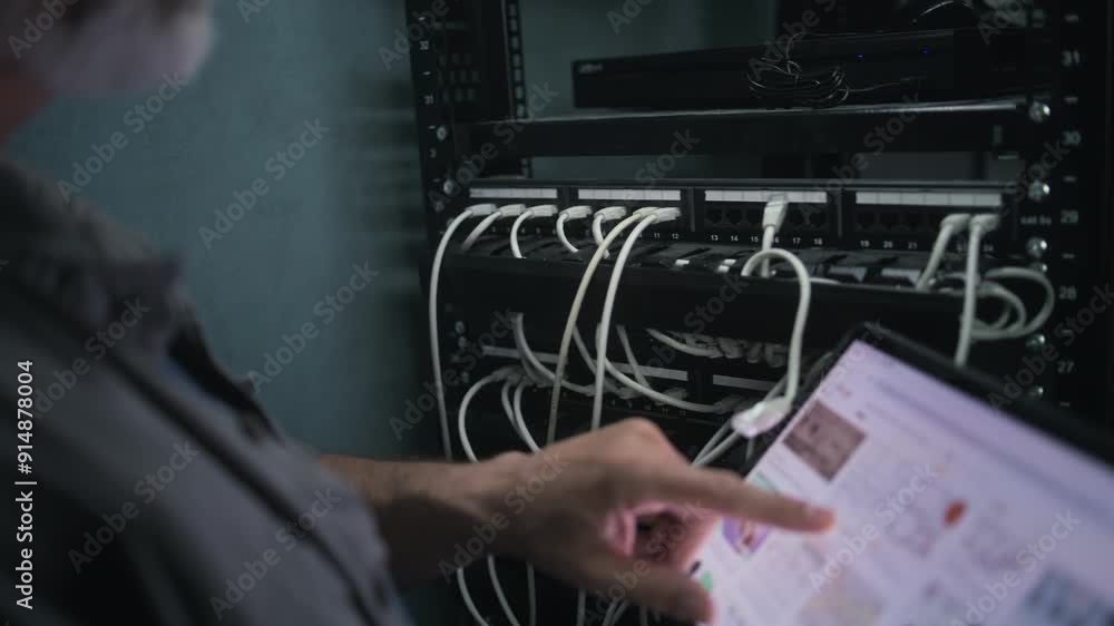 Wall mural male network administrator works in server room using tablet computer. mature specialist inserts cab