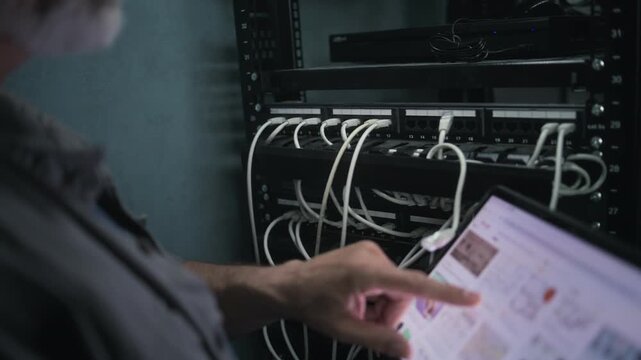 Male network administrator works in server room using tablet computer. Mature specialist inserts cable into server rack. Maintenance of computer networks or web servers. Data storage center. Handheld.