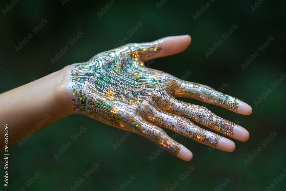 Poster robotic hand with glittering particles symbolizing the merging of digital technology with magical re