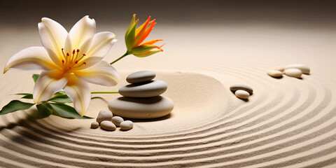 Fototapeta premium sand lily and spa stones in zen garden