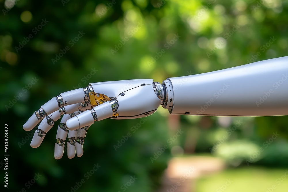Poster robotic hand reaching out in a garden combining nature with advanced technology highlighting the har