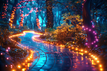 The path to the magic land is illuminated by bright multicolored lights.