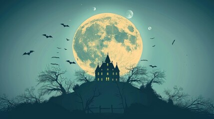An old, spooky house on top of a hill with a full moon