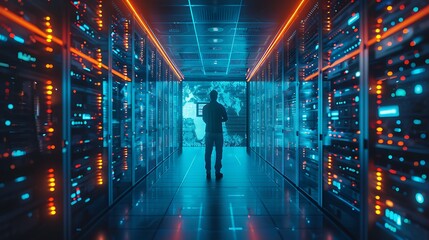 An engineer troubleshooting a server issue in a futuristic data center, holographic interface visible, glowing server racks, organized and tidy workspace. Cool blue lighting, immersive, detailed.