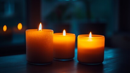 Warm and Serene Atmosphere Created by Lit Candles in a Dark Room. The Soft Glow of Flames Enhances the Calm and Tranquil Ambiance, Adding a Sense of Peacefulness and Relaxation.