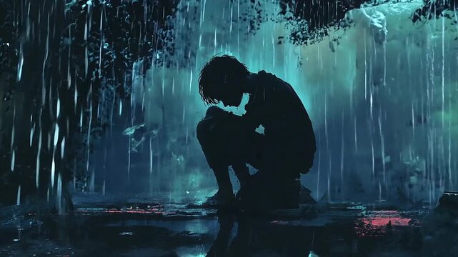 Illustration zooming in on a sad person sitting in profile and silhouetted as the rain pours and clouds swirl. For sadness meme.