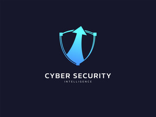 Cyber security intelligence data protection shield with Growth Arrow up vector logo design concept. Abstract shield security icon logotype symbol for ID protection, privacy, ui, infographic, new tech.