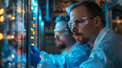 Two engineers collaborating in a server room, wearing protective gloves and glasses, focused on discussing server settings, well-lit server room, neat and orderly environment. Warm lighting,