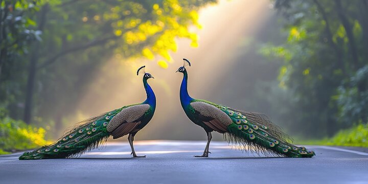 Two male peacock in the woods.