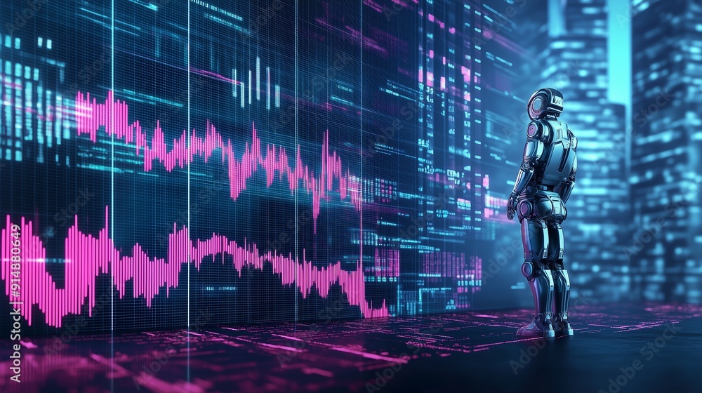 Poster futuristic robot analyzing data visualizations in a neon cityscape at night