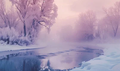 Fototapete Rund Winter Wonderland: Foggy River and Frosty Trees © artfinity