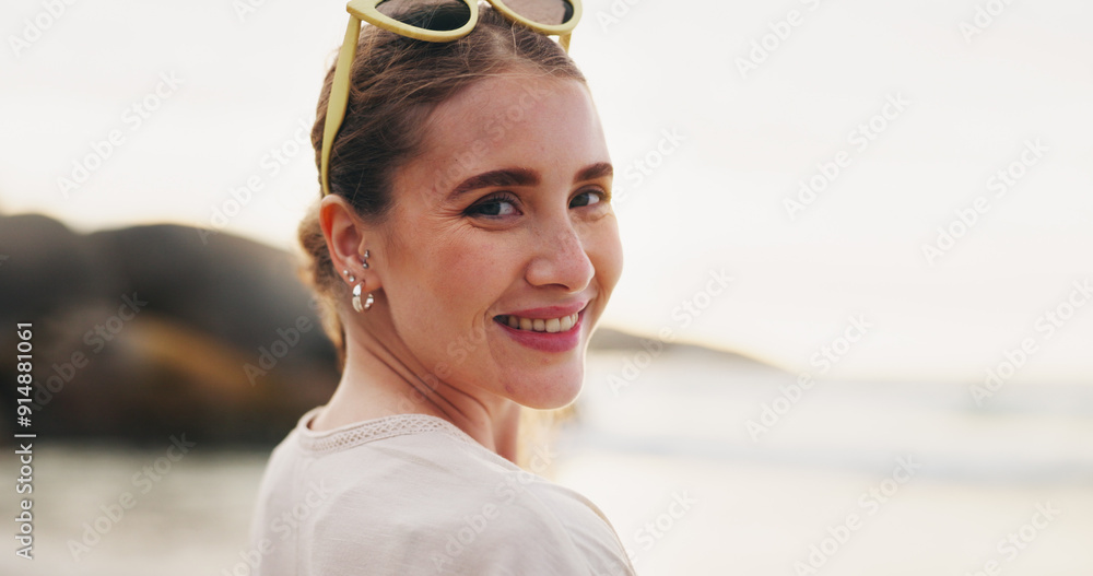 Sticker Girl, portrait and smile at beach to relax, travel and tropical vacation in Maldives with mockup space. Female person, face and happy outdoor by sea for leisure, adventure and sunny holiday with fun