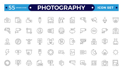 Photography icon set. Camera, photographer, video, photo, and more. Photography studio. Camera icon set. Take photo and video camera icons collection—editable stroke outline icon. 