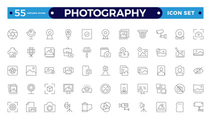 Photography icon set. Camera, photographer, video, photo, and more. Photography studio. Camera icon set. Take photo and video camera icons collection—editable stroke outline icon. 