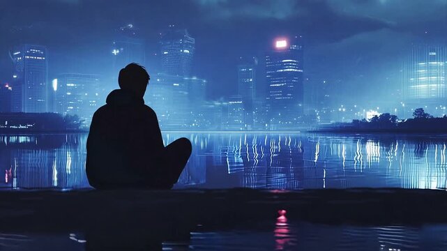 Illustration zooming in on a sad person in silhouette in front of a city at night as water ripples and reflects around them. For sadness meme.