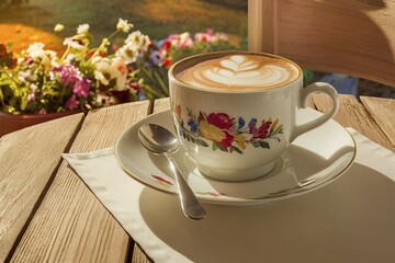 Fototapeta premium A sunlit outdoor setting, with a white cup of cappuccino placed on a saucer