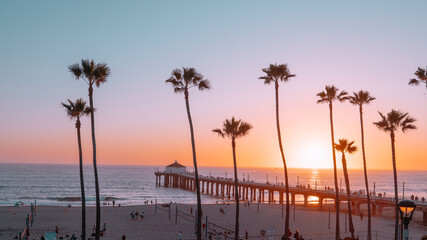 Palm trees and Pier on Manhattan Beach at sunset in California, Los Angeles, USA.