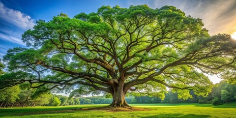 Fototapeta premium Tall and majestic oak tree surrounded by lush greenery in a forest setting, nature, tree, oak, foliage, woods, environment